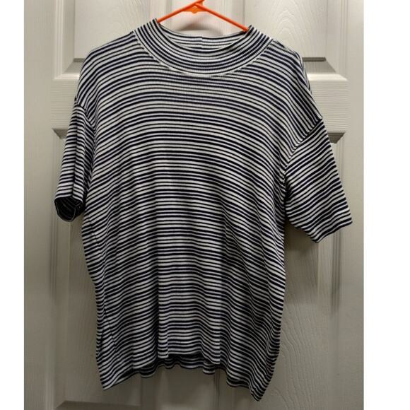 Vintage Talbots Size Large Navy Blue White Stripe Sweater-Texture Cotton T-Shirt - Picture 1 of 4